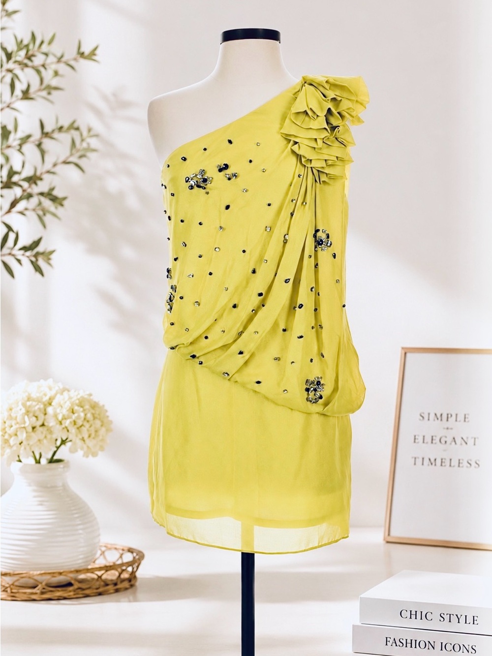 ARK & Co One-Shoulder Chartreuse Green Cocktail Dress /Embellished Rhinestones
